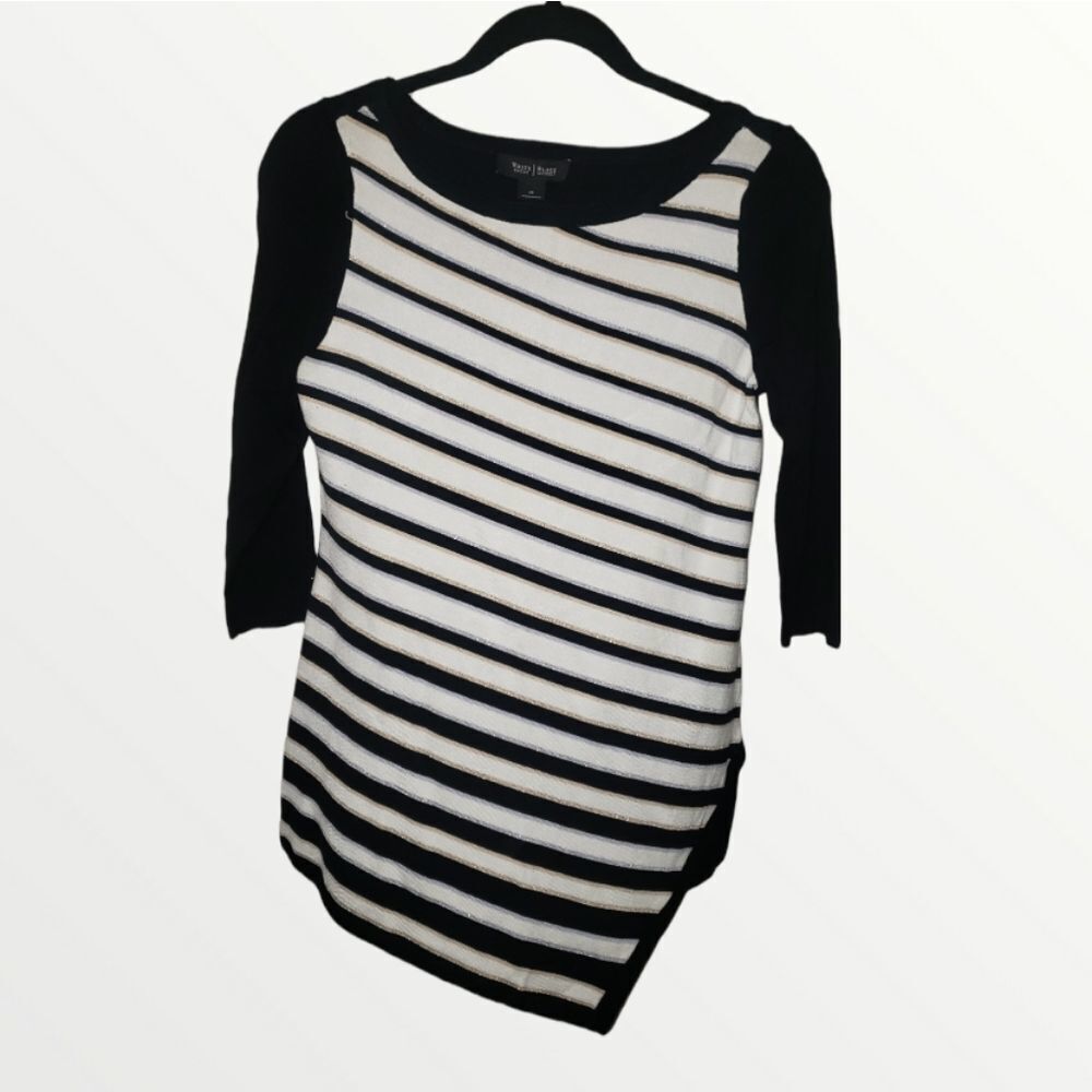 WHBM black white stripe asymmetrical sweater blouse size XS